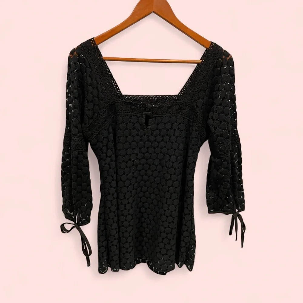 Witchy whimsigoth crochet lace square neck 3/4 tie sleeve blouse boho fairy